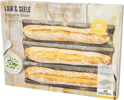 Produktbild von BIRKMANN 3er Baguette-Blech, L 38,5 x B 28 x H 4 cm, Antihaftbeschichtung, inkl. Rezept, 210141