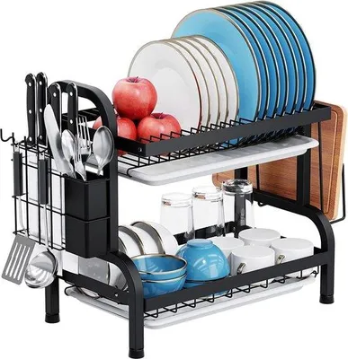 Image de Étagère à vaisselle en acier inoxydable Unyqoos® - Étagère à vaisselle à 2 niveaux avec 2 bacs de égouttement, supports pour couverts et planche à découper, capacité : 15 assiettes / 18 bols