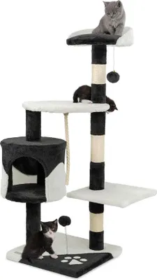 Produktbild von Famanu Kratzbaum mit 2 Plüschbällen und Spieltau - Höhe 112 cm - Sisal und Plüschliegefläche - Schwarz-Weiß