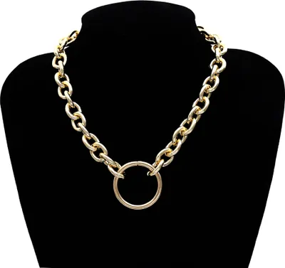 Produktbild von Punk-Frauen-Halskette mit hohlem Kreis-Anhänger und Panzerkette/Armband-Schmuck-Goldene Halskette