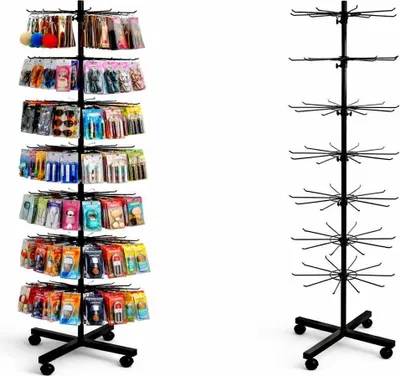 Obrázok produktu pre sada 2 kusov - Otočný stojan s výškou 155 cm | 7-poschodový pojazdný stojan | Otočný stojan so 70x kovovými háčikmi | Pult s predajným príslušenstvom | Stojan na dro čierny