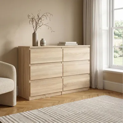 Produktbild von Masseno Kommode NUDO 138,5 cm Sideboard mit 6 Schubladen und  Türen für Wohnzimmer Schlafzimmer Modern 138,5x39x78,5 cm Sonoma Eiche / Sonoma Eiche