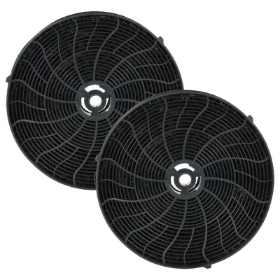 Two round black charcoal filters for a range hood are shown against a white background.