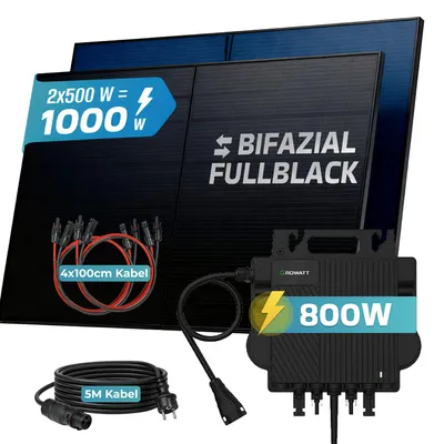 Produktbild von SUNNIVA® 1000W Balkonkraftwerk BIFAZIAL FULLBLACK komplett Steckdose GROWATT NEO-800M-X Wechselrichter, Komplettset 2x 500W PV Solaranlage Solarmodule