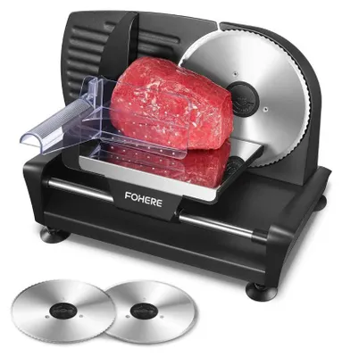 Immagine prodotto di Affettatrice elettrica da 200 watt per uso domestico, affettatrice professionale per pane con lama rimovibile da 2 x 19 cm, pulsante di spessore 0-15 preciso per tagliare carne prosciutto pane frutta, protezione di sicurezza
