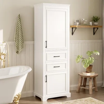 Produktbild von Badezimmer-Hochschrank mit 2 Schubladen, Soft-Close & verstellbaren Böden, MDF in Weiß, 60x40x180cm