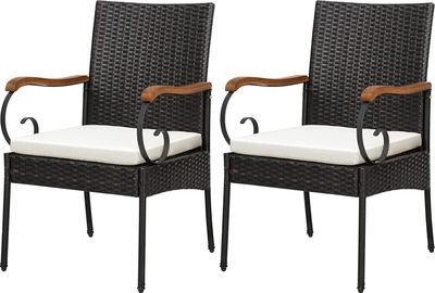 COSTWAY 2er Rattan Stühle Set, Polyrattan Gartenstuhl Holz, Gartensessuhl mit Sitzkissen, Rattansessel Gartenstühle für Outdoo