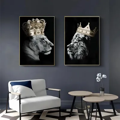 Leinwandbild Löwe & Löwin mit Krone, 30x45 cm, 2er-Set, schwarz-gold