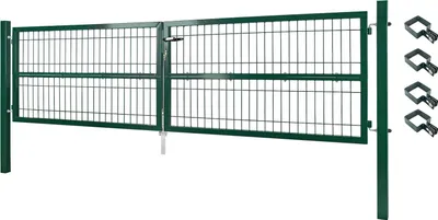 A green metal garden gate with two wings and posts, shown against a white background. Several metal clips are displayed to the right of the gate.