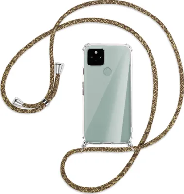 Produktbild von Handykette Backcover-Schutzhülle mit Band (Metall silberfarben) für Google Pixel 5 - braun+beige