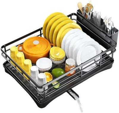 Produktbild von Ibenzoa® Geschirrabtropfständer mit 360° Drehablauf, platzsparend, 42,4 x 30 x 14,5 cm, verdickter Kohlenstoffstahl, inkl. Abtropfschale