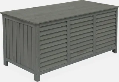 A gray wooden storage box with louvered panels on the front and slatted panels on the side, shown on a white background.