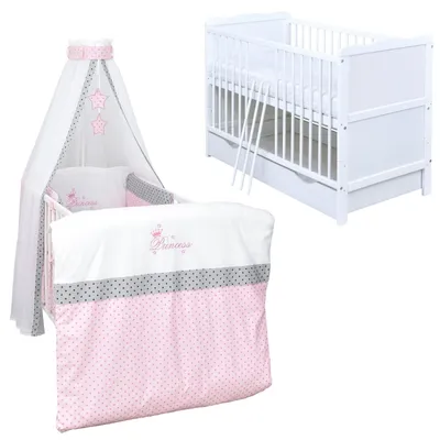 Produktbild von Baby-Delux Babybett Kinderbett Jack 140×70 weiß inkl. Schublade Bettwäsche komplett Set Princess Stars