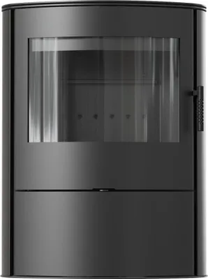 A black steel wood-burning stove is shown from the front against a white background.