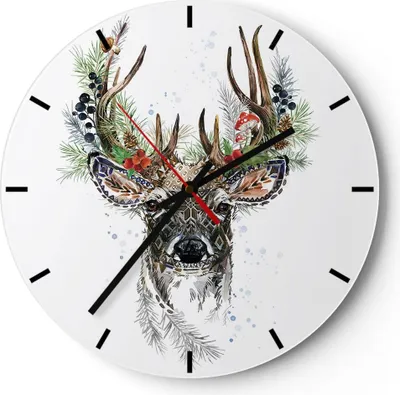Produktbild von Wanduhr - Rund - Glasuhr - Surrealismus Hirsch Boho - 30x30cm - Schleichendes Uhrwerk - Lautlos - zum Aufhängen bereit - Dekoration Modern - Wanddekoration aus Glas - C3AR30x30-4486