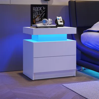 Produktbild von Nachttisch LED Beistelltisch(Weiß) Schrank Lichter Modernes Ende Seite mit 2 Schubladen für Schlafzimmer