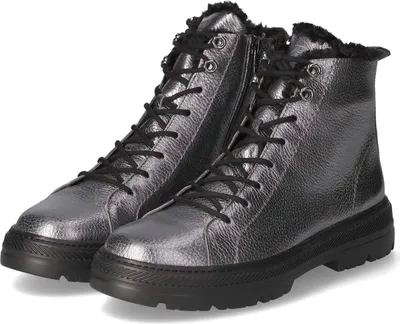 A pair of silver lace-up boots with black laces and black soles, set against a white background.