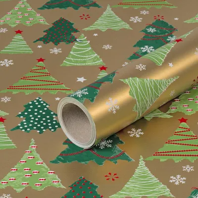Produktbild von Geschenkpapier für Weihnachten, Weihnachtsbäume Gold, Grün, Rot, 0,70 x 10 m