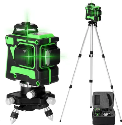 A 3D laser level with green lasers is shown on a tripod, with a carrying case in the foreground.