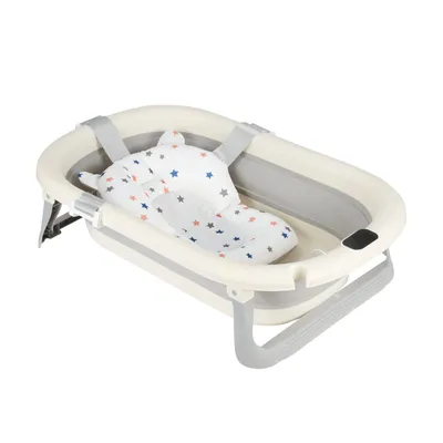 A baby bathtub with a star-patterned mat inside, shown against a white background.