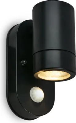A black outdoor wall light with a motion sensor is shown against a white background.