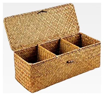 Produktbild von Rechteckiger Wicker-Korb mit Deckel, 3-Fächer-Design für Toilettenrollen und Desktop-Organisation von Snacks, Spielzeug und Make-up / 13x5x4