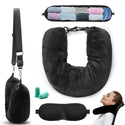 Produktbild von Befüllbares Nackenkissen mit Augenmaske und Ohrstöpseln, U-Form, Schwarz