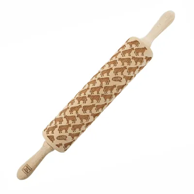 Image de MoodForWood Rouleau à pâtisserie en bois, gravé, 43 cm, avec poignées, parfait pour la pâtisserie - Motif vache