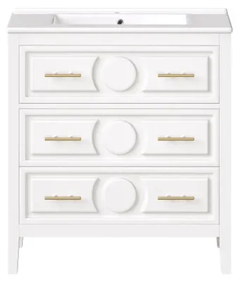 Image de Armoire de salle de bain - Meuble sous vasque autoportant - 81 x 46,5 cm - Lavabo en céramique intégré - 3 tiroirs - Système de fermeture douce - Blanc