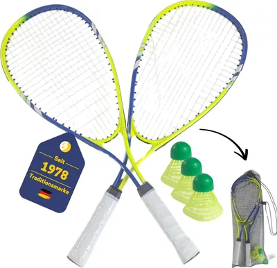 Produktbild von BEST SPORTING Power Badminton-Set I Federball-Set mit 2 Schläger blau/grün & 3 neongelbe Bälle I Speed-Badminton Set Erwachsene & Kinder inkl. Tragetsche