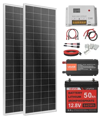 Obrázek produktu pro VEVOR, kompletní solární systém o výkonu 200 W, off-grid systém, včetně 2 kusů monokrystalických solárních panelů o výkonu 100 W, 12,8 V, 50 Ah, LiFePO4 baterie, 40A nabíječky a 12V měniče o výkonu 800 W. Fotovoltaický off-grid systém pro domácnosti a karavany