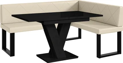 Produktbild von MEBLINI Eckbank für Esszimmer mit ausziehbarem Tisch  - Küchenbank - Essecke - Sitzecke Küche - ERIC - U-Beine 128x168x87cm Rechts - Creme Kunstleder/M Schwarz Hochgl.