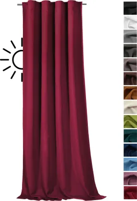 A single burgundy curtain hanging vertically, with a sun icon indicating light blocking on the left side. A color swatch chart is on the right.