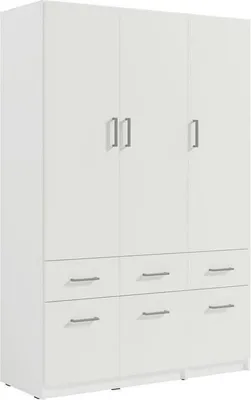 A white wardrobe with three doors and six drawers.
