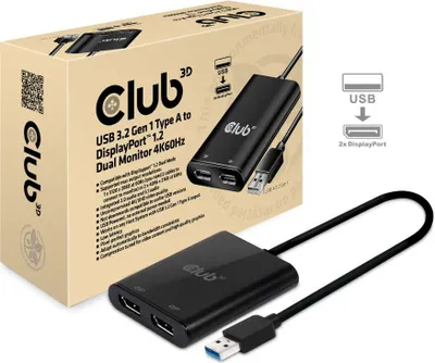 Produktbild von CLUB3D USB3.2 Gen1 Type A to DisplayPort™1.2 Dual Monitor 4K60Hz DisplayLink Video Splitter, 2x DisplayPort, 5120 x 2880 Pixel, Schwarz, 60 Hz, 0,27 m, 1920 x 1080 (HD 1080), 1920 x 1200 (WUXGA), 2560 x 1440, 2560 x 1600 (WQXGA), 3840 x 2160, 4096 x...