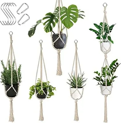 Produktbild von Auckpure Makramee-Hängekorb, Set mit 5 Hängekörben, Baumwollseil-Hängekorb, Beige, Hängetopf für Pflanzen, Hängekorb für drinnen, draußen, Garten, Balkon, Fenster, Wohnzimmer, 3 Größen