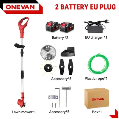 Obrázek produktu pro Vyžínač trávy – akumulátorový – bezkartáčový motor – šířka záběru 25,4 cm – teleskopická rukojeť – skládací – sada se 2 akumulátory – bílá