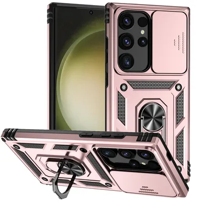 Immagine prodotto di Custodia per Samsung Galaxy S25 Ultra a doppio strato con copertura fotocamera scorrevole e supporto ad anello Oro rosa