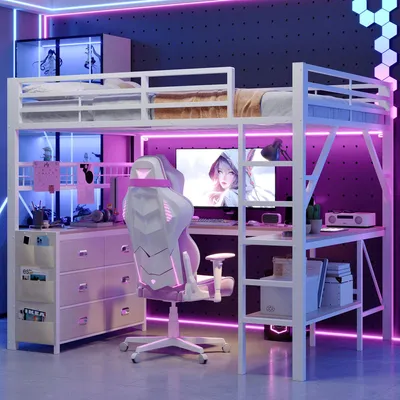 Produktbild von Merax Etagenbett Metall Hochbett 140x200 cm, mit Schreibtisch, Schubladen, Regal & LED Beleuchtung, Gaming Bett Kinderbett mit Treppe, Weiß