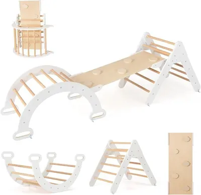 Produktbild von 4 in 1 Klettergerüst mit rutsche, Kletterdreieck Holz inkl. doppelseitige Rampe & Kletterboge & Wippen, Sprossendreieck Spielplatz für Kinder ab 1 Jahr, Weiß