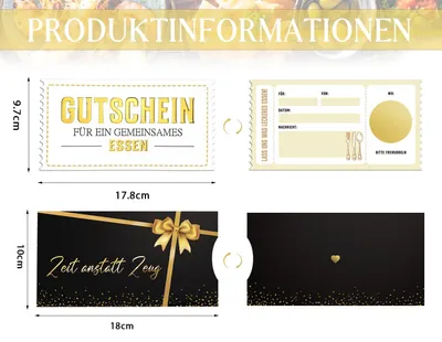 Imagen del producto de Vale de regalo para una cena juntos, con detalles en lámina dorada, que incluye un sobre y una etiqueta para rascar, ideal como regalo