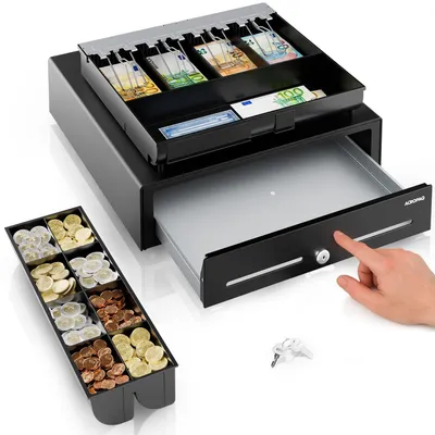 Immagine prodotto di Cassetto portamonete Cassetto di cassa senza alimentazione - 42 x 41 x 10 cm - 8 scomparti monete e 4 scomparti banconote - Metallo