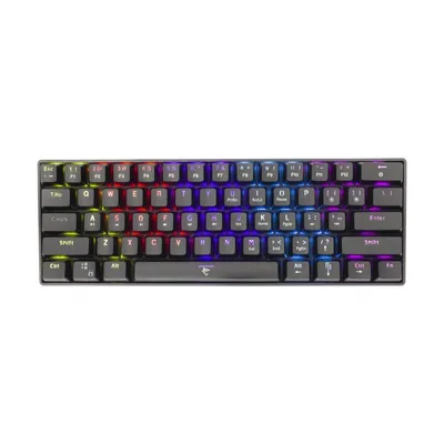 A black mechanical keyboard with RGB lighting against a white background.