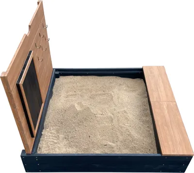 Image de AXI Mandy Bac à sable en bois avec banc, espace de rangement, couvercle et tableau noir - 100 x 90 cm | Bac à sable en anthracite et marron avec