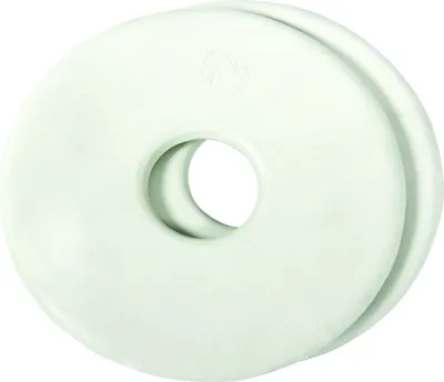A white, donut-shaped object with a hole in the center, likely a horse bit accessory.