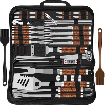 Immagine prodotto di Set di posate da barbecue XXL in acciaio inox in valigetta 38 pezzi regali per uomo accessori per barbecue e termometro per carne con manici in legno regali per uomo