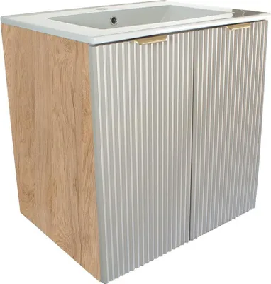 Zdjęcie produktu dla WENA Szafka łazienkowa z umywalką wpuszczaną, z drzwiczkami 60 cm, ryflowane fronty, metalowe uchwyty w kolorze złotym (kolor: Kaszmir/Orzech)