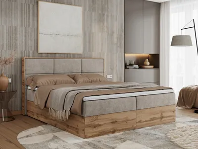 A modern bedroom scene featuring a large bed.