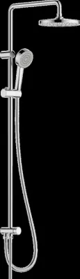 A chrome shower head set against a black background.