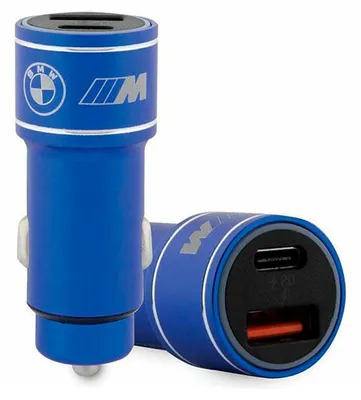 A BMW car charger with two USB ports.